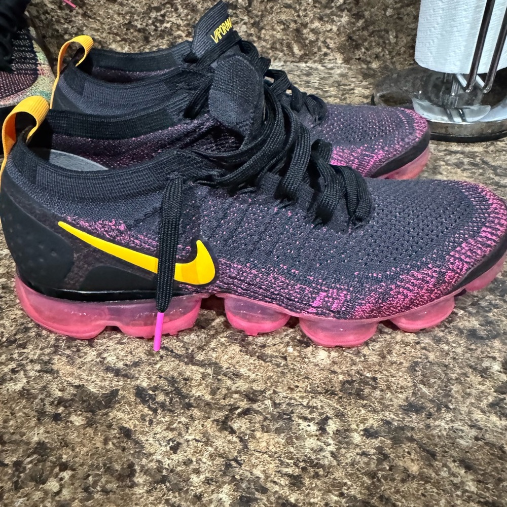 Nike Black and Pink Knit Sneakers with Yellow Swoosh